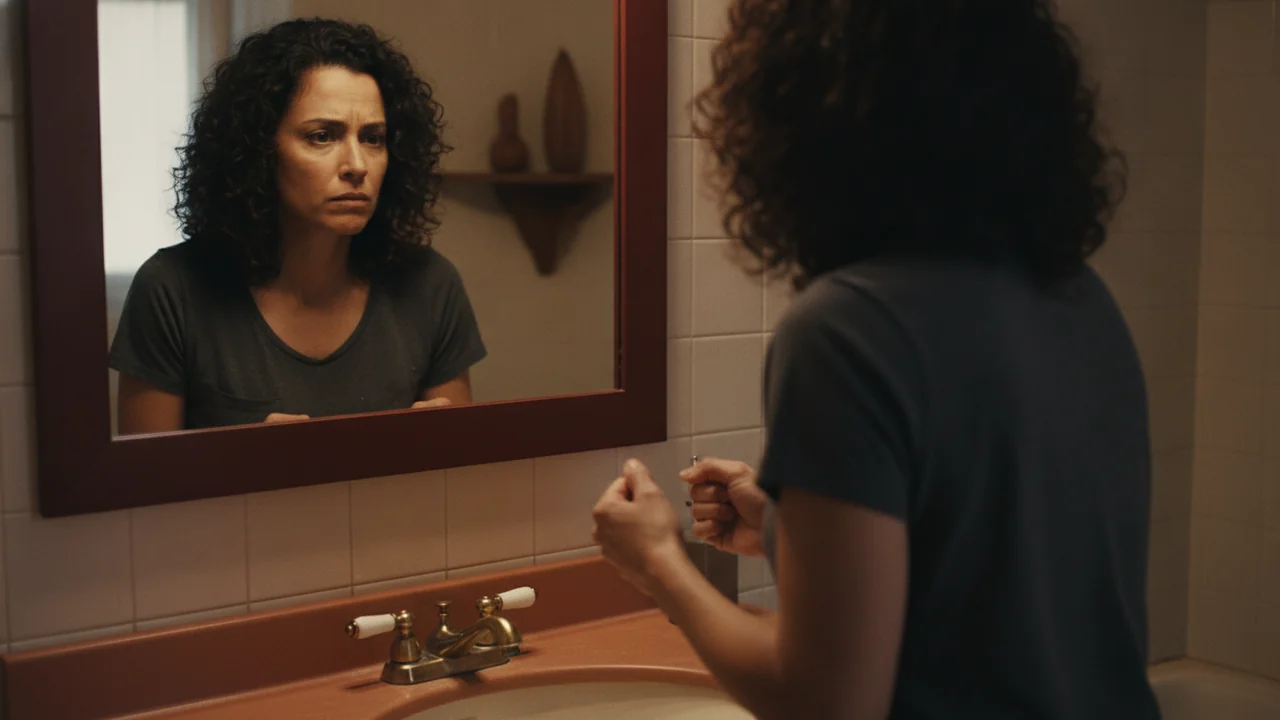 A woman stands in a home bathroom, looking directly into her own eyes in the mirror above the sink