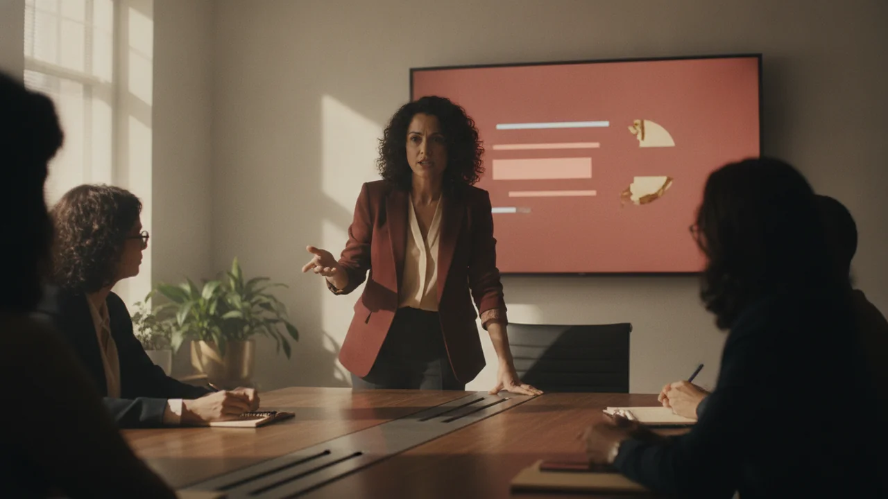 A woman stands at the head of a long conference table in a bright, modern office space