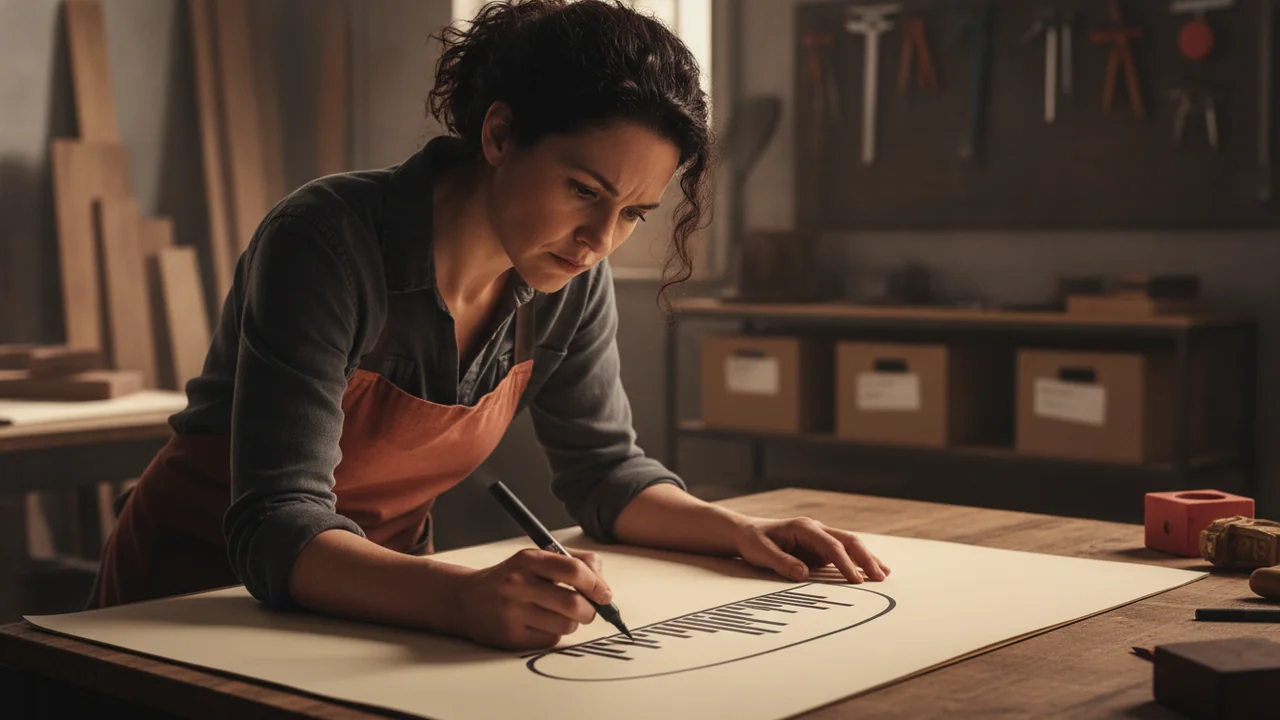 A woman in her 40s stands at a tall drafting table or large workbench in a well-organized project room, leaning slightly over a large sheet of paper that resembles a project plan