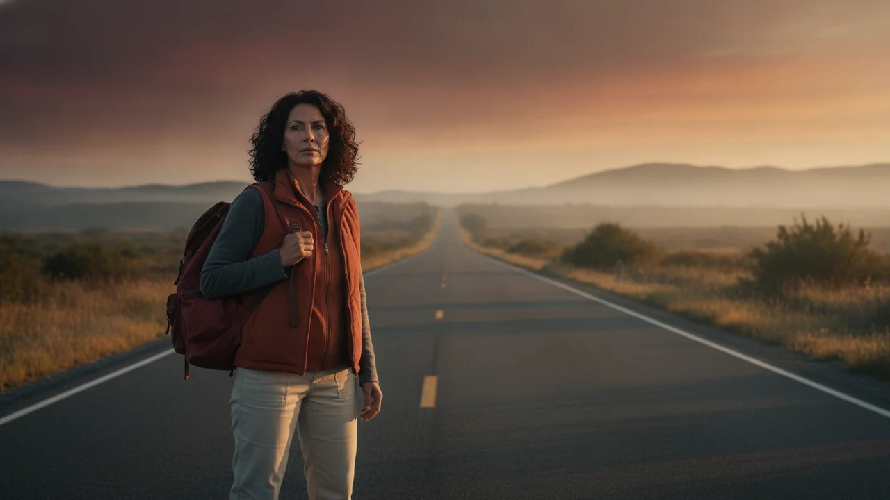 A woman in her 50s stands at the edge of a newly paved, straight road at dawn, with a determined, unwavering expression