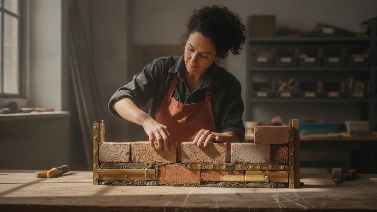 A woman in her 40s, dressed in practical work attire, is in a well-organized, brightly lit workshop