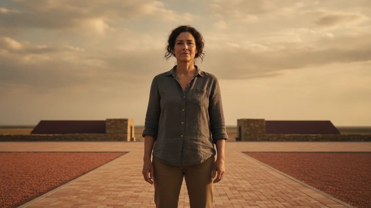 A woman in her early 50s stands at the start of a wide, newly constructed pathway or road, looking forward with a purposeful gaze towards a wide-open horizon