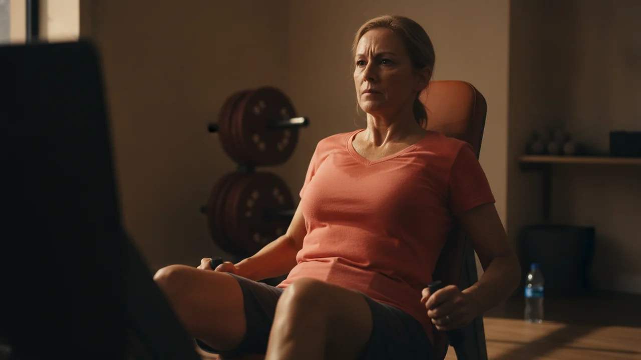 A woman around 50, in athletic shorts and a t-shirt, is pushing through a difficult repetition on a leg press machine in a simple, well-lit physical therapy room