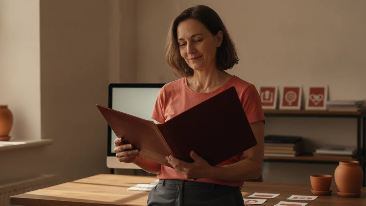 A woman around 45, stands in a brightly lit home office or studio, holding up a completed, professional-looking portfolio or bound document with both hands