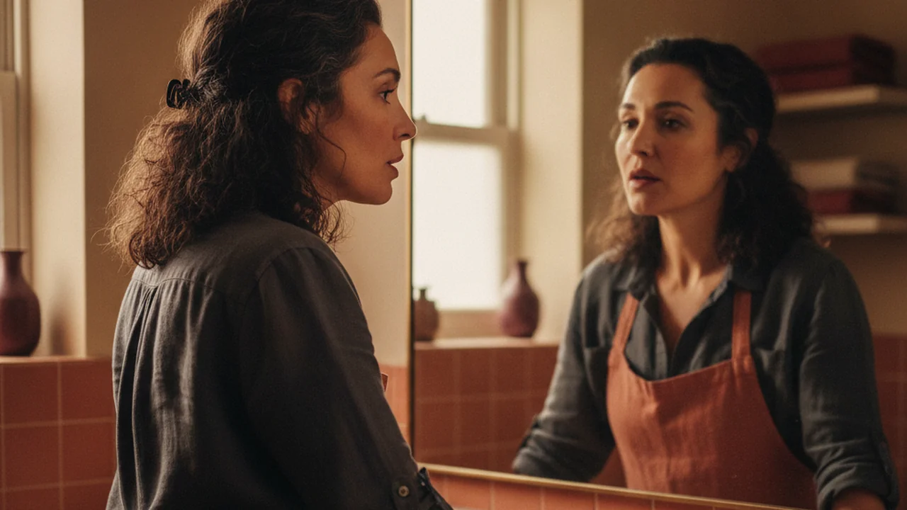 A woman roughly 40, stands in a well-lit, simple bathroom, her intense gaze fixed on her own reflection in a large mirror