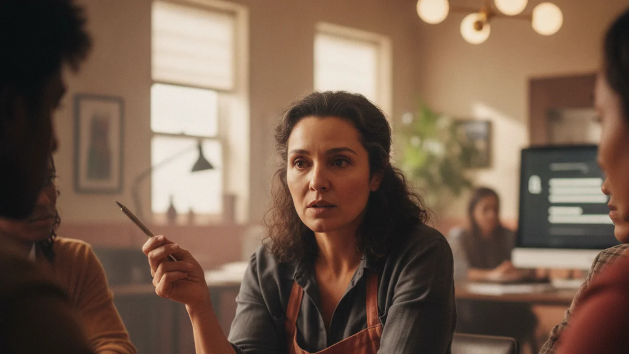 A woman roughly 50, sits at a large, sturdy wooden conference table in a bustling, sunlit office space, surrounded by colleagues (mostly out of frame)